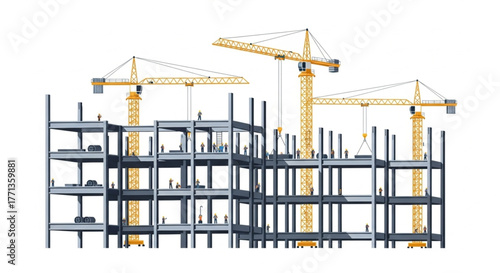 High-rise building construction site with cranes and workers illustration