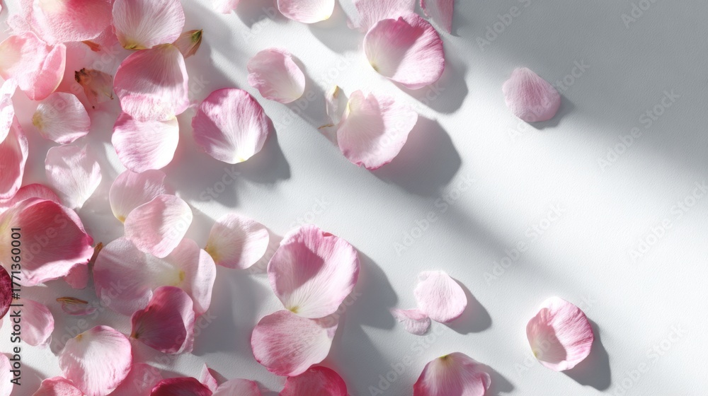 Obraz premium Delicate pink rose petals scattered on a soft white surface, creating a serene and calming atmosphere.