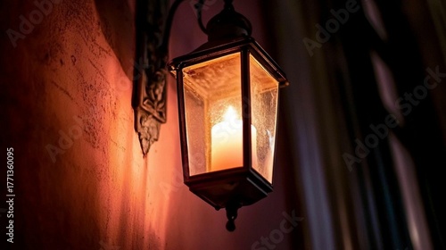 Romantic Candlelight in a Vintage Lantern Illuminating an Old Stone Wall at Night atmosphere