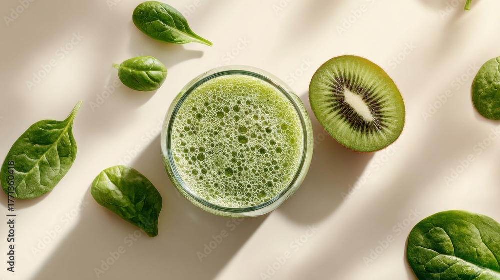 Obraz premium Refreshing green smoothie with spinach and kiwi, creating a vibrant, healthy drink surrounded by fresh ingredients.