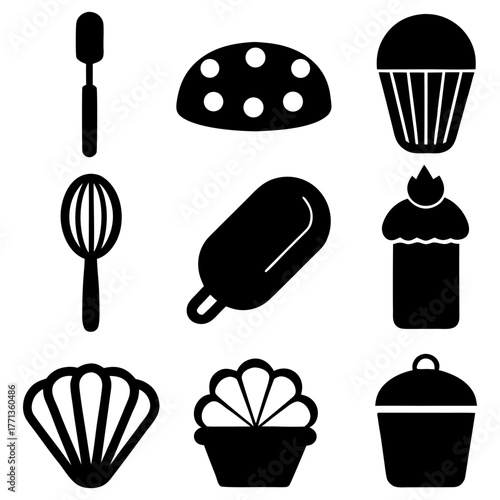 Delicious bakery treats — cupcake, donut, loaf bread, whisk on white background.