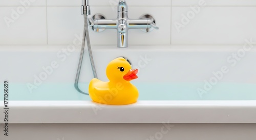 Wallpaper Mural A classic yellow rubber duck toy sits on the white edge of a bathtub filled with water. Torontodigital.ca
