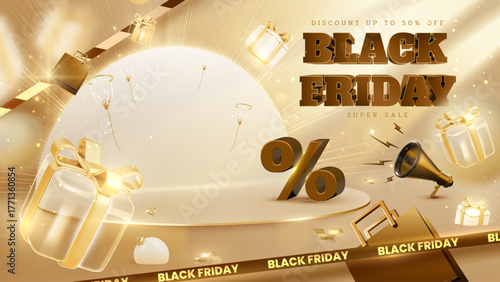Black Friday Sale Template with Luxury 3D Gift Box, Balloon, Megaphone, Shopping Bag, and Golden Product Display Stand.