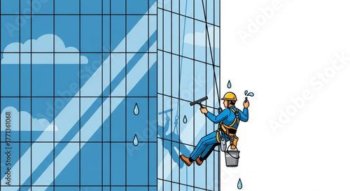 Window Cleaner Working on High-Rise Building with Safety Harness illustration