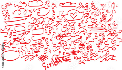 Decorative doodles. Hand drawn pointing arrow, outline shapes and doodle frames. Ink signs decoration ornament, line curved arrow, heart and circle sketch isolated vector illustration symbols set
