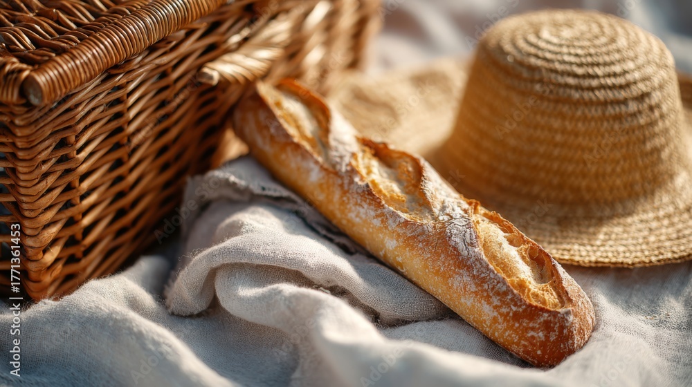 Obraz premium A fresh baguette rests beside a woven basket and straw hat, evoking a warm, cozy picnic vibe.