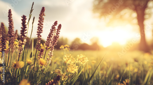 A serene landscape featuring vibrant wildflowers swaying gently in the breeze during a golden sunset.