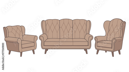 Elegant tufted sofa and matching wingback armchairs in a neutral tone
