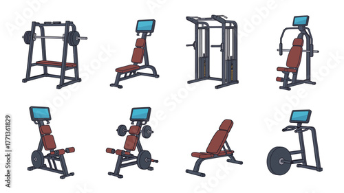 Collection of modern gym equipment for strength training and fitness