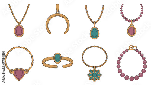 Collection of elegant antique gold jewelry with colorful gemstones