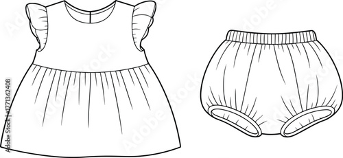 Baby girl ruffle sleeve dress and bloomer set flat sketch, apparel vector technical drawing, kids clothing design front view