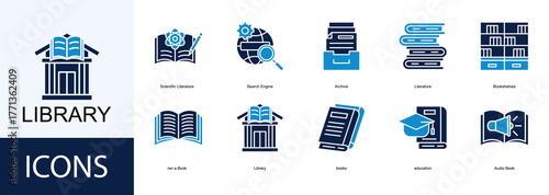 Library Management icon collection set. Containing Archive, Literature, Bookshelves, Book, Library icon.