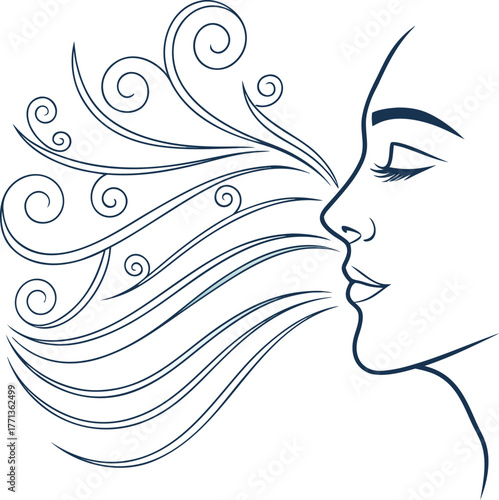 Black vector silhouette of a woman's head in profile with floral hair and beauty lips is a fashion design illustration art