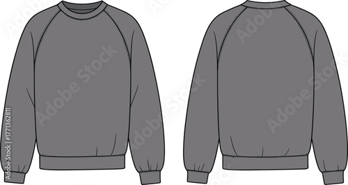Basic raglan sweatshirt CAD flat fashion vector, front and back view, technical garment illustration, cozy winter clothing design template