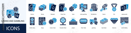 Casino and Gambling icon collection set. Containing Domino, Money, Blackjack, Poker Chip, dices icon.