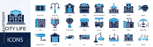 City Life icon collection set. Containing Soccer Field, Street Light, House, Fast Food Restaurant, Church, Hospital, icon.