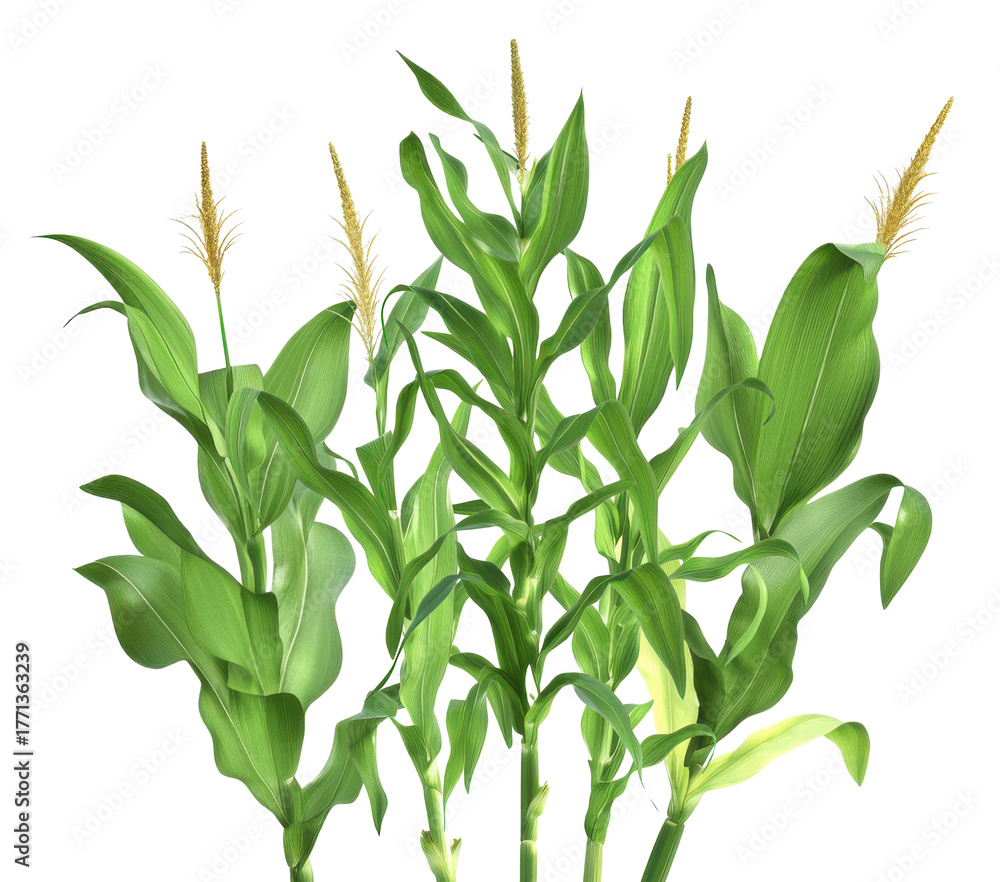 Naklejka premium realistic photograph of a dense cluster of tall green corn stalks (maize plants), showcasing large leaves and developing tassels, expertly isolated against a solid transparent background.