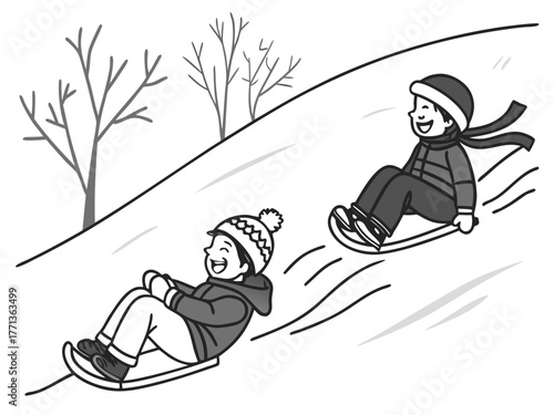 Children Sledding Down Snowy Hill