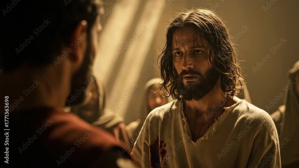 Blood Stained Robe Man as Jesus Christ in bloodstained robe facing accuser, spiritual ...