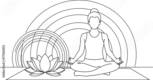 Vector art of woman in yoga pose with rainbow and lotus flower