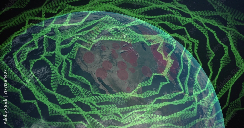 Fototapeta premium Displaying Earth globe spinning in outer space, with green binary streams and red hotspot markers