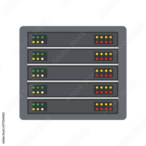 Modern server rack with blinking lights and network equipment data center technology vector