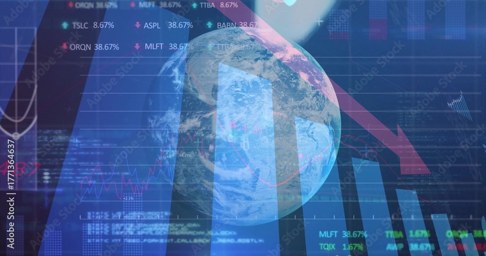 Fototapeta premium Hovering Earth globe over financial dashboard, with red arrow, charts, code snippets and tickers