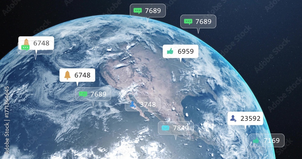 Fototapeta premium Displaying 3D Earth globe focusing on North and Central America in space, with social media icons