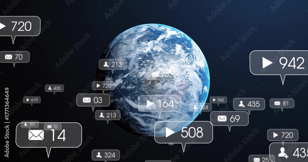 Fototapeta premium Floating 3D-rendered Earth globe rotating in deep space, with play envelope and user icon bubbles