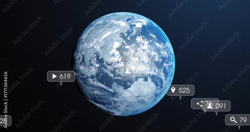 Fototapeta premium Revolving Earth globe displaying icons in space, with play, user, location, share, magnifier counts
