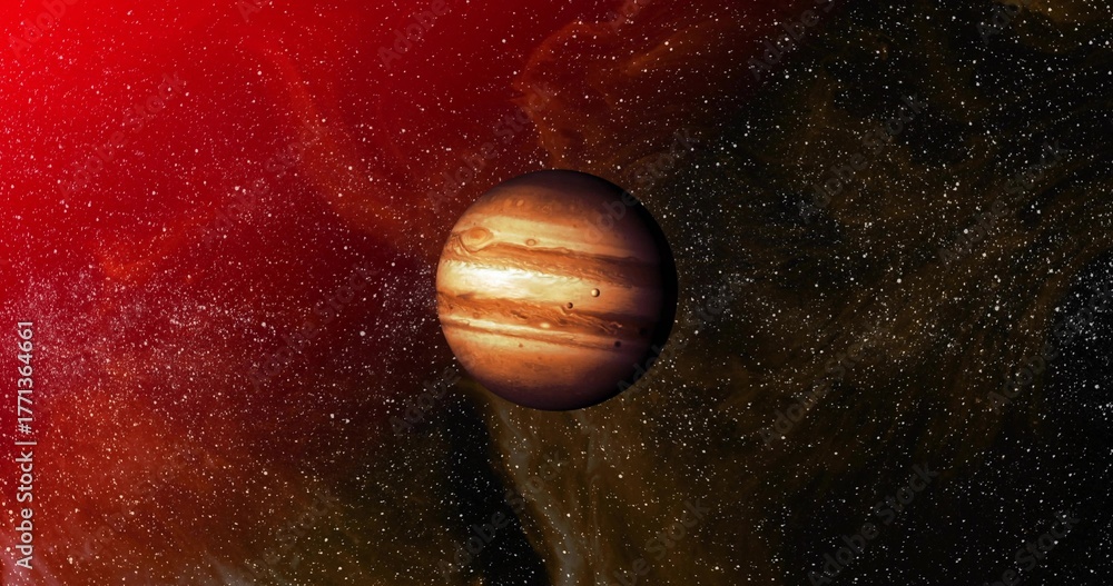 Fototapeta premium Floating red-brown gas giant planet exhibiting swirling cloud bands in space, with nebula and stars