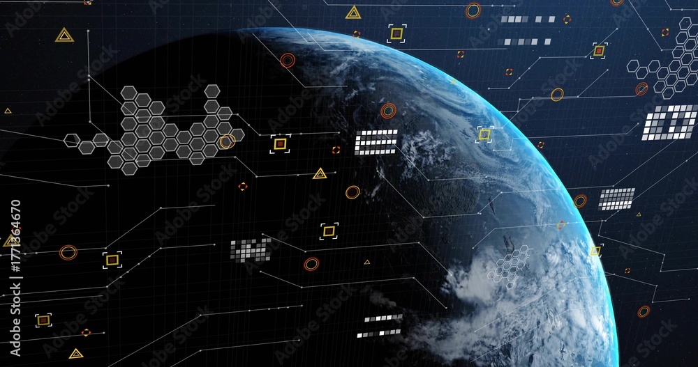 Fototapeta premium Showing Earth globe projecting digital overlay in space with hex mesh, nodes and data blocks
