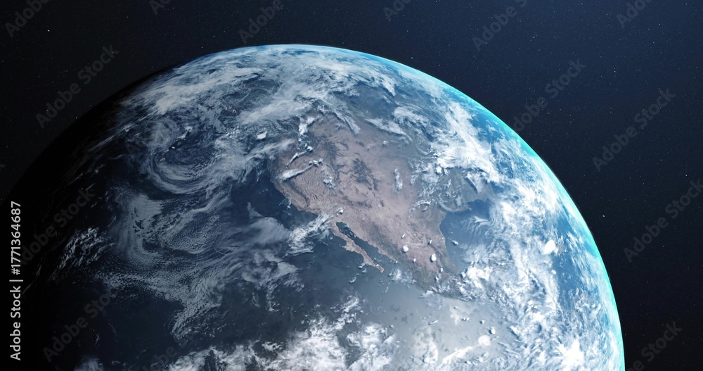 Fototapeta premium Rotating planet Earth revealing curvature and atmosphere in outer space, swirling white clouds
