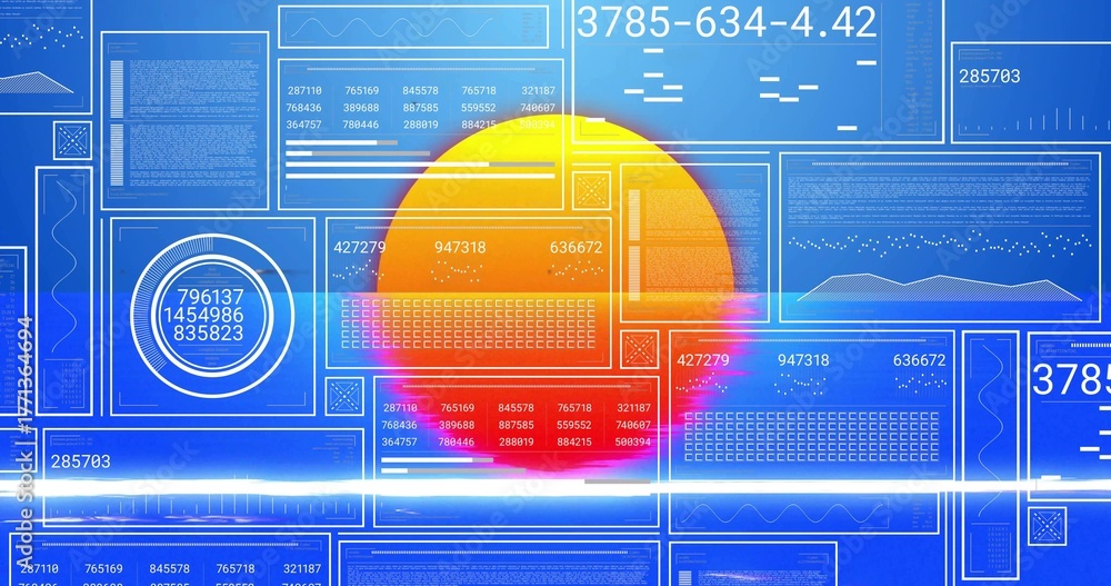 Fototapeta premium Displaying semi-circular sun graphic glowing on digital dashboard, with code panels and light flare