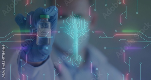 Medical researcher wearing mask, lab coat, gloves holding COVID-19 vial in lab, with neon circuits