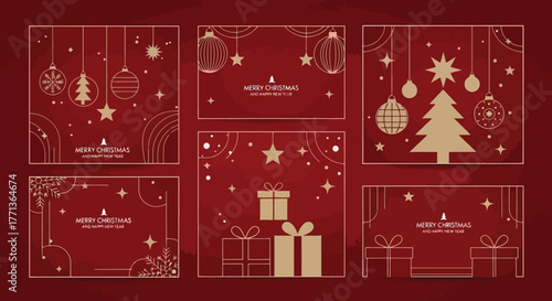 Festive Holiday Greetings Elegant Christmas Backgrounds with Ornaments, Gifts, and Stars on Red