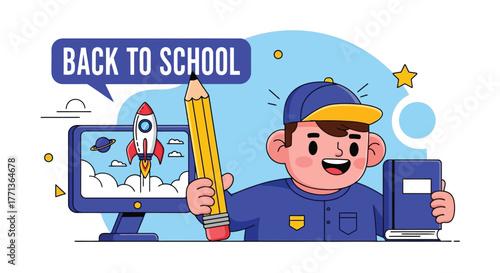 Back to School Illustration A cheerful student with pencil and computer ready for education