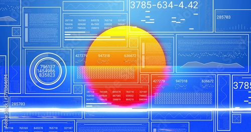 Displaying semi-circular sun graphic glowing on digital dashboard, with code panels and light flare
