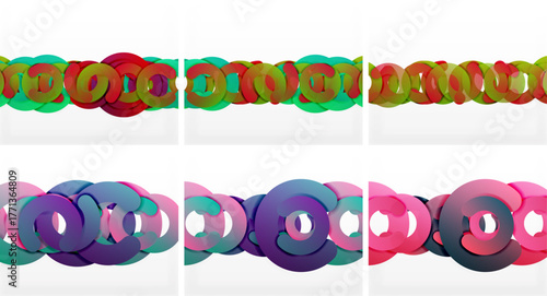 Colorful overlapping circles create abstract patterns. Vibrant hues blend, forming dynamic compositions. Modern design, geometric shapes.