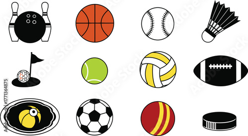 Various sports equipment balls and pucks for recreation and games