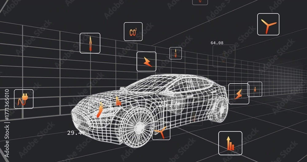 Naklejka premium Floating wireframe car model hovering in digital grid space, data panels showing icons and numbers