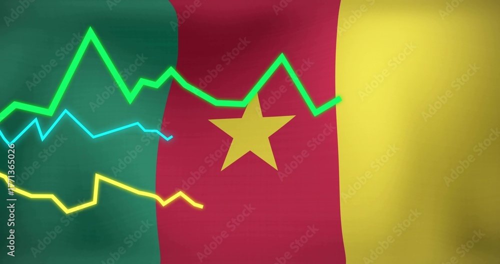 Naklejka premium Showing tricolor flag featuring central star in graphic, overlaying three neon line charts