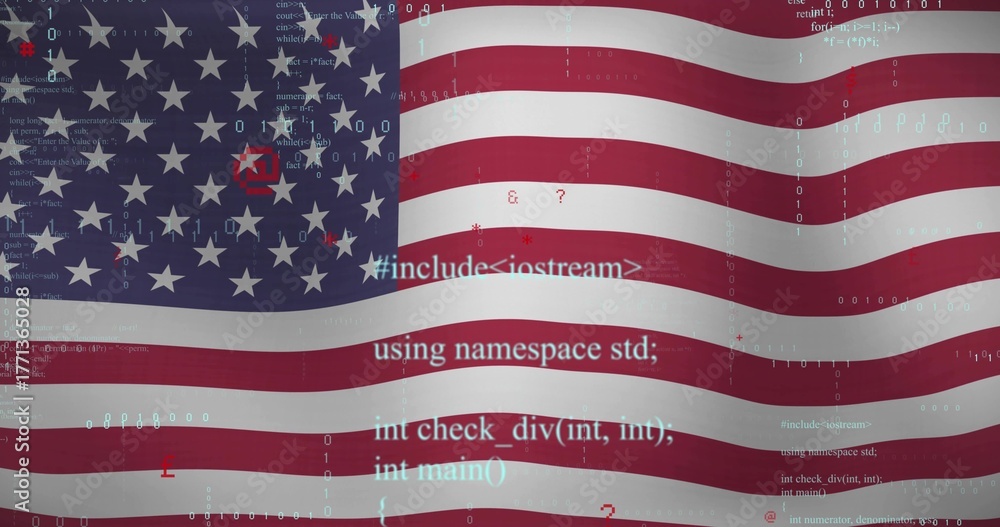 Naklejka premium Showing American flag waving in abstract digital graphic, with floating C++ code and binary digits