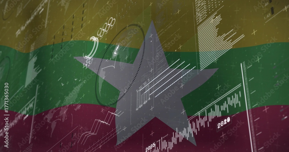 Naklejka premium Displaying Myanmar star symbol on digital flag stripes with line graphs and numeric labels