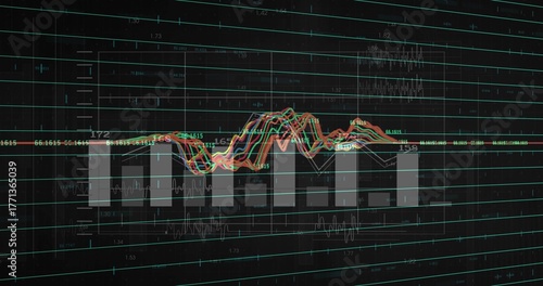 Displaying seven gray vertical bars and overlaying line graphs on dark dashboard, with teal grid