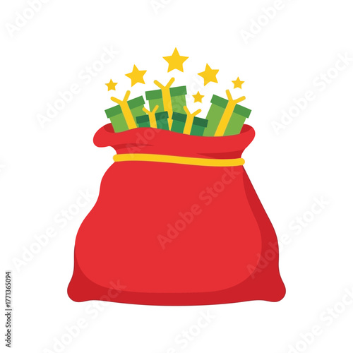 Abundant christmas gifts overflowing from festive red santa sack vector