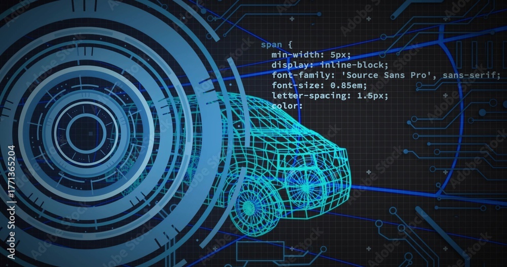 Naklejka premium Displaying neon-blue wireframe car model in digital interface, with HUD, CSS code, and circuit grid