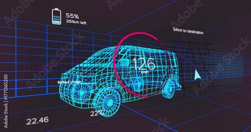 Displaying neon blue wireframe SUV in digital grid space, with speed gauge and battery readouts