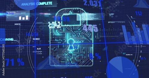 Glowing circuit-patterned padlock icon illuminating cybersecurity grid interface, with data streams