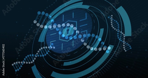 Displaying central hexagonal lock interface within cyberspace, with DNA helix and binary streams